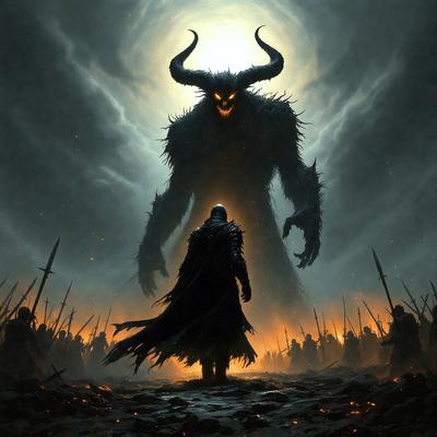The primary subject of the image is a man standing in front of a large, demonic-looking creature. The man appears to be facing the monster, possibly in a confrontation or a battle. The setting is a dark, cloudy sky, which adds to the ominous atmosphere of the scene. The visual style of the image is a digital art or illustration, with the man and the monster being the main focus of the picture. The colors and mood of the image are dark and intense, with the man and